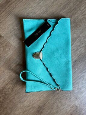 NWT Femina Turquoise Scalloped Envelope Clutch Wristlet Bag Silver Hardware